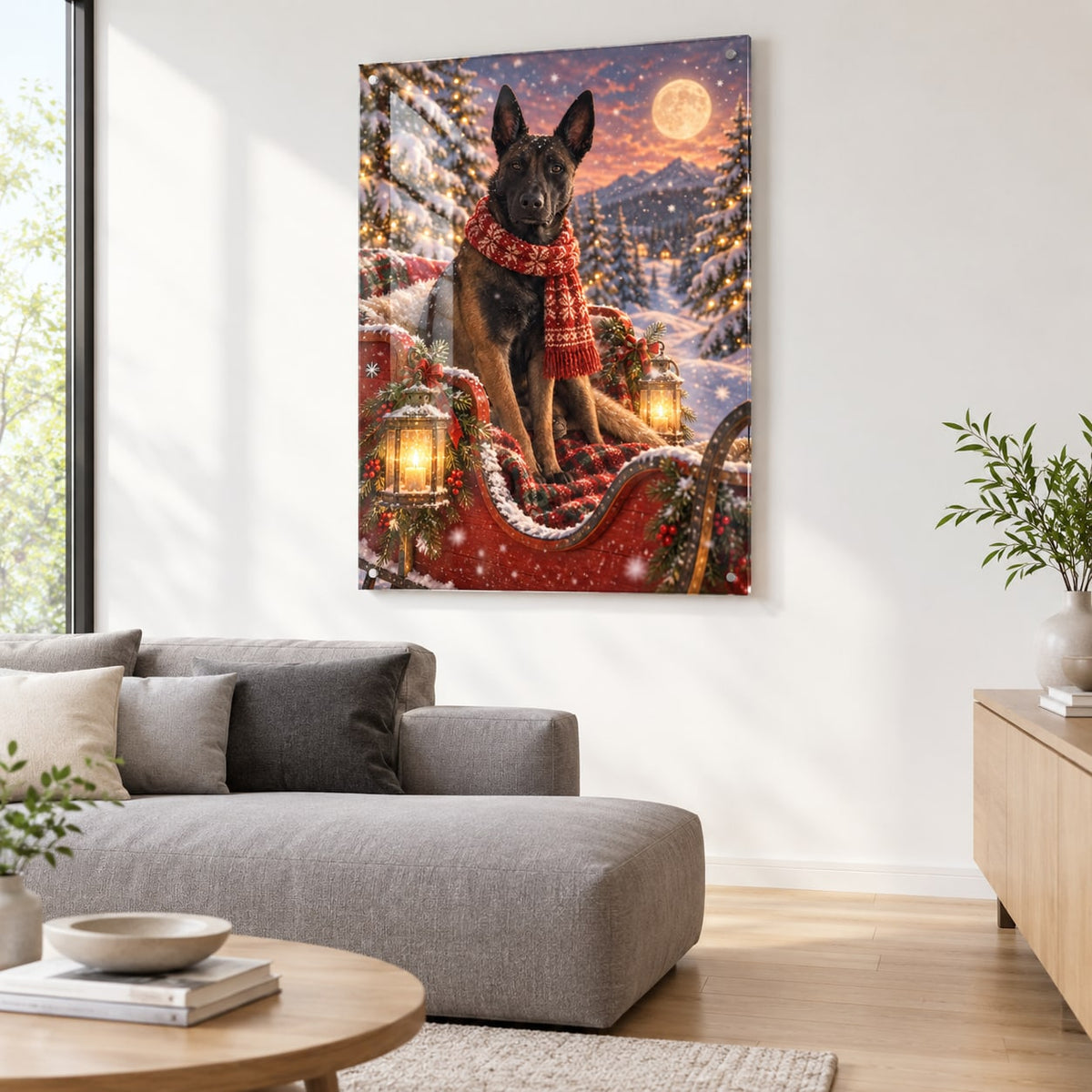 Acrylglas-Druck: Santa's-Pet-Portrait eines Hundes im Schlitten in einem modernen Wohnzimmer