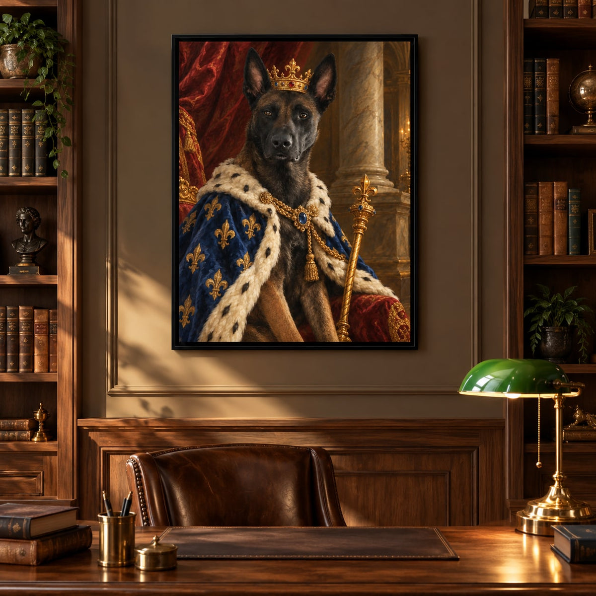 Gerahmte Leinwand: Hund als Monarch mit Krone und Zepter über einem Schreibtisch