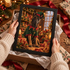Geschenk: gerahmtes Elfen-Portrait eines Hundes wird aus einer Geschenkbox genommen
