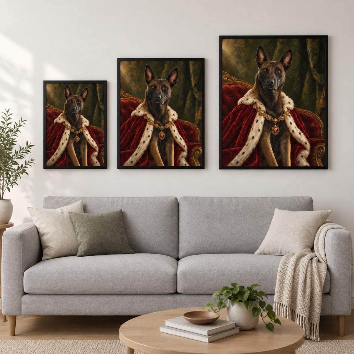 Größenvergleich: Portrait in 30×40, 45×60 und 60×80 cm über einem Sofa