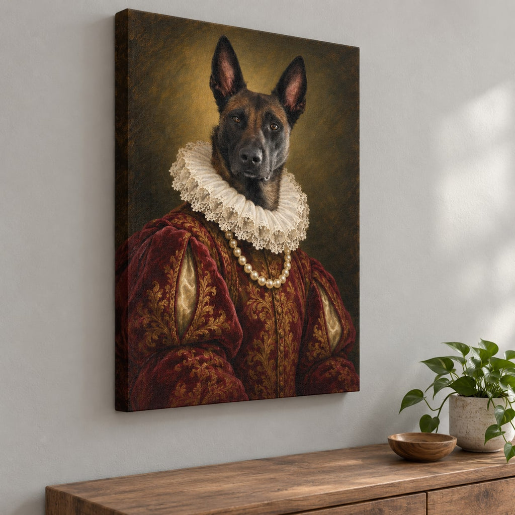 Leinwand-Druck: Hund als Edelmann mit Spitzenkragen und Perlenkette