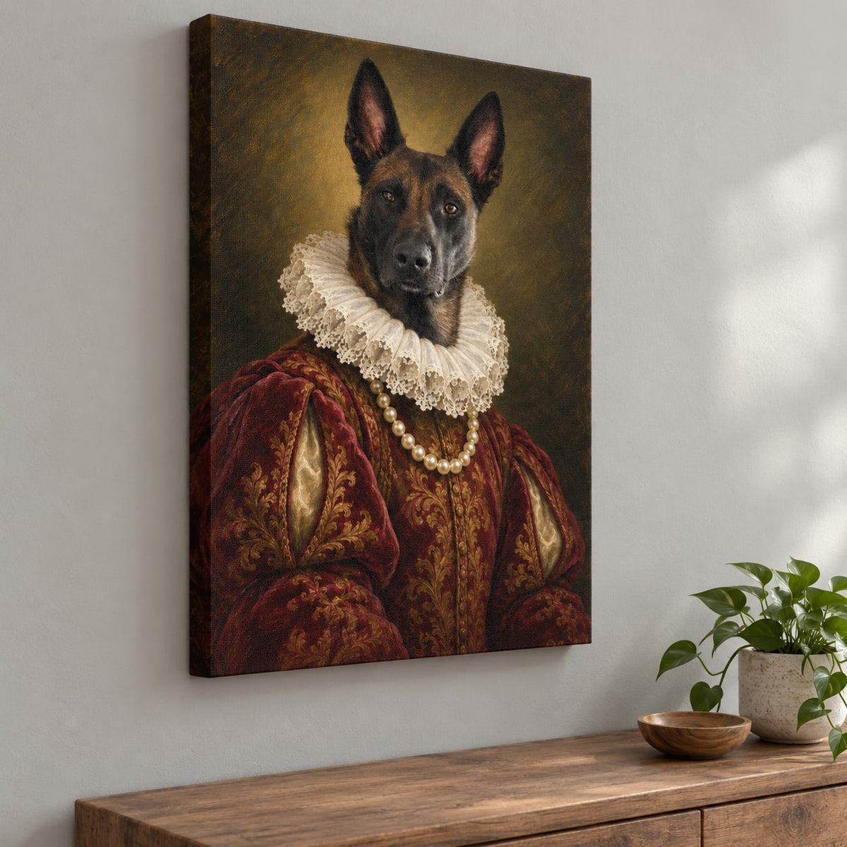 Leinwand-Druck: Hund als Edelmann mit Spitzenkragen und Perlenkette