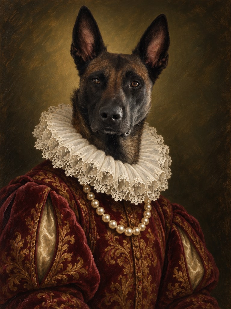Royals-Portrait: Hund als Edelmann mit Spitzenkragen und Perlenkette
