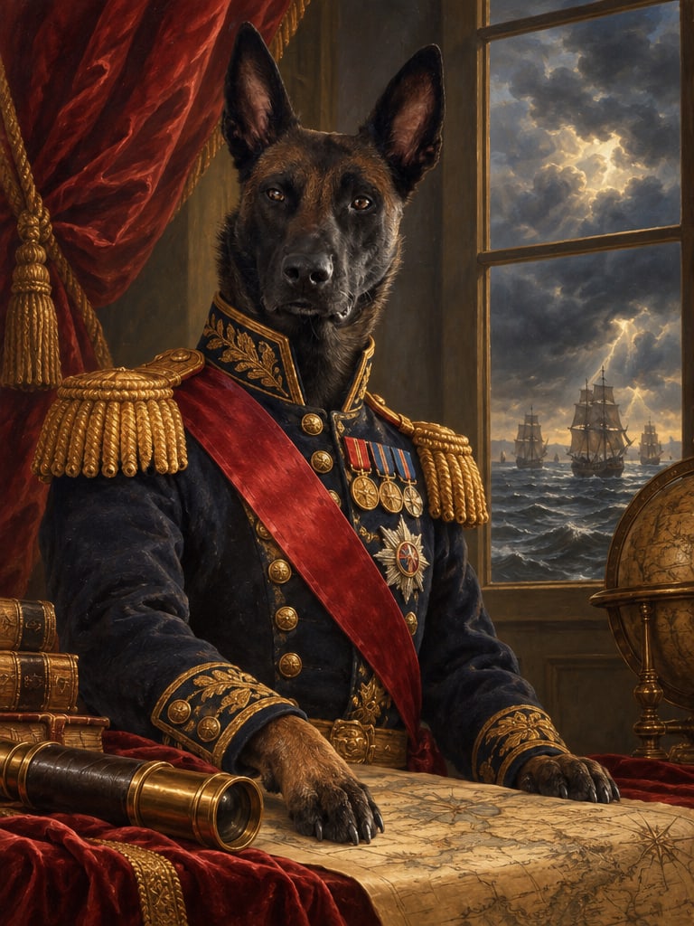 Royals-Portrait: Hund als General in Uniform mit Orden, Karte und Fernrohr