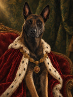 Royals-Portrait: Hund als Herzog mit Hermelinumhang auf rotem Samtsessel
