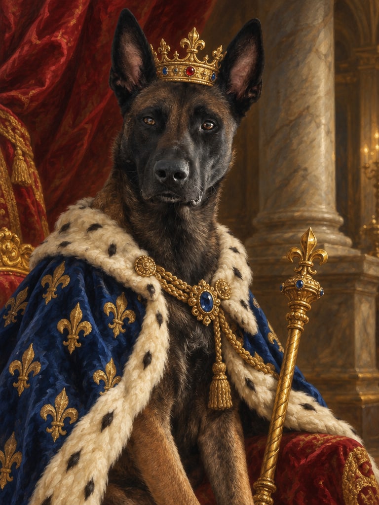 Royals-Portrait: Hund als Monarch mit Krone, Zepter und blauem Lilienmantel