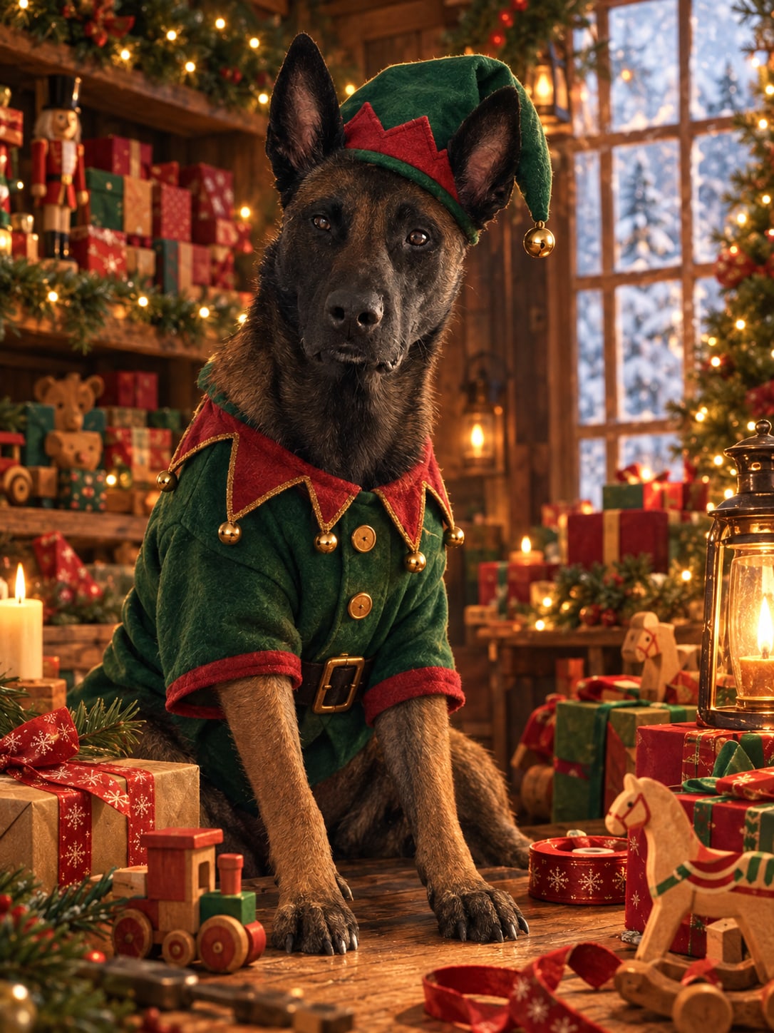 Santa's-Pet-Portrait: Hund als Elf in der Weihnachtswerkstatt