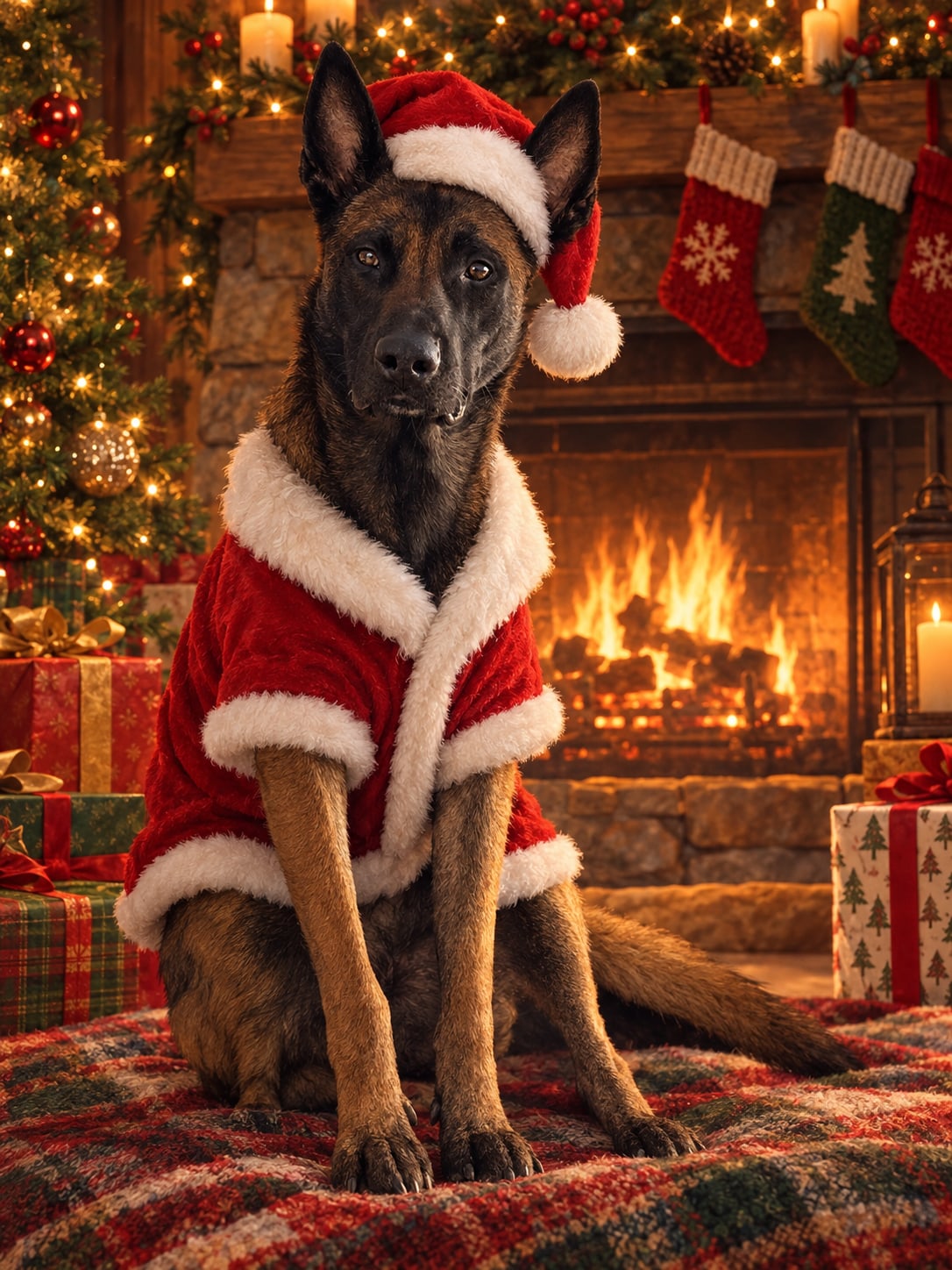 Santa's-Pet-Portrait: Hund im Weihnachtsmann-Kostüm vor dem Kamin