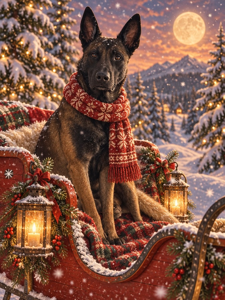 Santa's-Pet-Portrait: Hund mit Strickschal im Schlitten unter dem Vollmond
