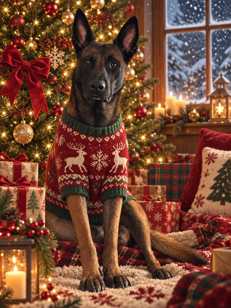 Santa's-Pet-Portrait: Hund im Rentier-Pullover unter dem Weihnachtsbaum