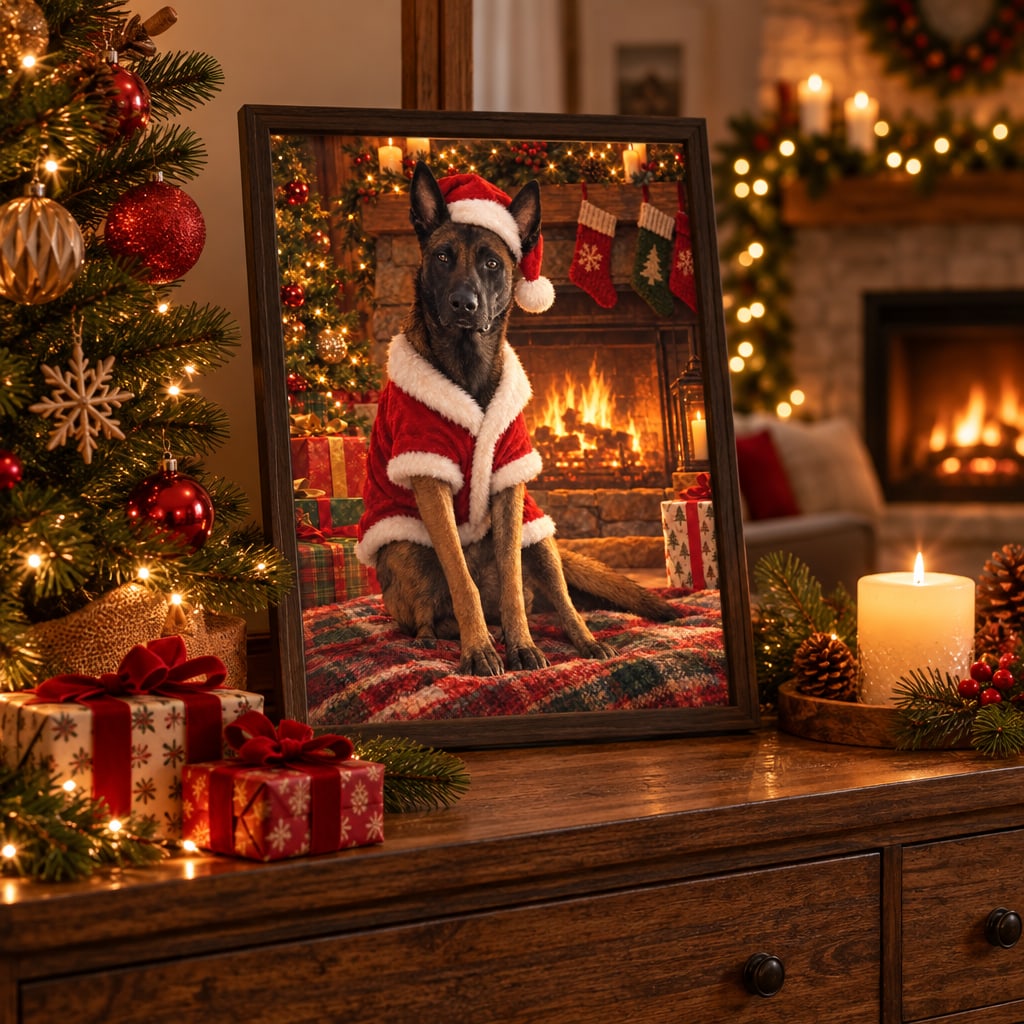 Santa's-Pet-Portrait: Hund im Weihnachtsmann-Kostüm am Kamin, gerahmt neben dem Christbaum