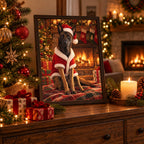 Santa's-Pet-Portrait: Hund im Weihnachtsmann-Kostüm am Kamin, gerahmt neben dem Christbaum