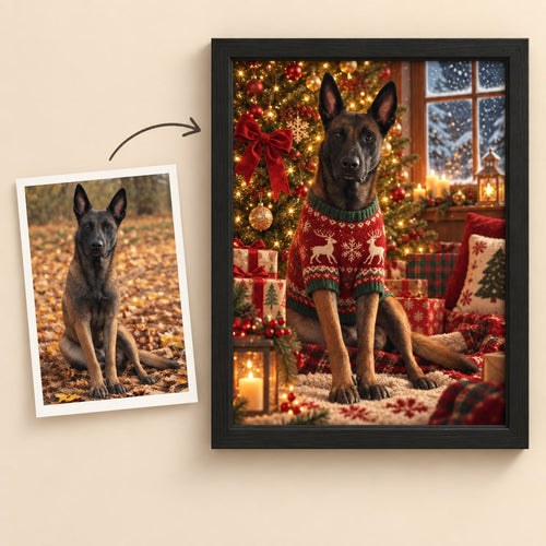 Vorher und nachher: Foto eines Hundes im Herbstlaub und sein gerahmtes Weihnachtsportrait